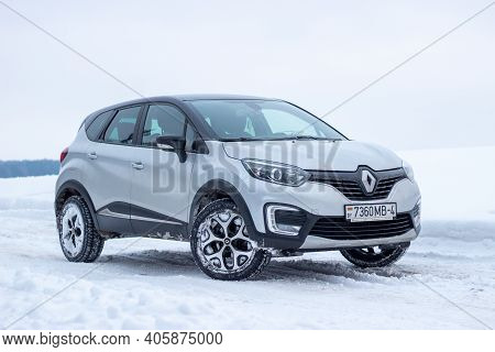 Grodno, Belarus-01.31.2021: Renault Capture Or Renault Captur Suv On A Winter Road Against The Backg