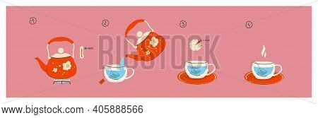 Instructions For Brewing A Tea Bag. 4 Steps To A Fragrant Cup Of Tea, A Teapot With Boiled Water. Te