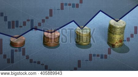 Double Exposure Of Candlestick Chart And Rows Of Euro Coins For Finance And Business Concept