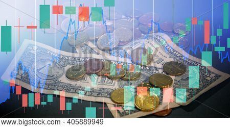Double Exposure Of Candlestick Chart And Rows Of Euro Coins And Dollar Bills For Finance And Busines