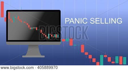 Candlestick Chart On Computer Display, Down Trend. Economic And Business Crisis Concept. Panic Selli
