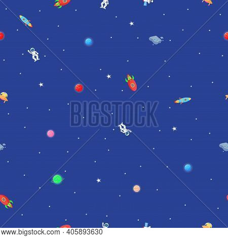 Flat Cartoon Style Funny Galaxy Pattern. Astronaut With Rocket And Alien In The Open Space Cute Desi