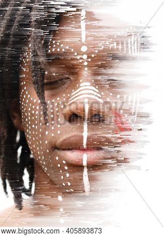A portrait closeup digitally manipulated to give the impression of wind blowing 