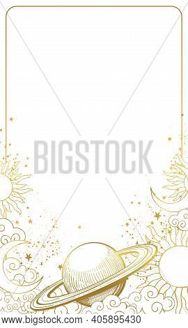 Astrological Chart With Planet Saturn, Sun, Moon And Stars. Golden Hand-drawn Design Isolated On Whi