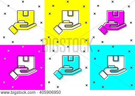 Set Delivery Insurance Icon Isolated On Color Background. Insured Cardboard Boxes Beyond The Shield.
