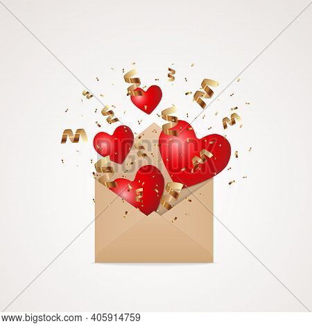 Open Kraft Brown Paper Envelope With Flying And Falling Red Hearts And Golden Glitter Confetti Explo