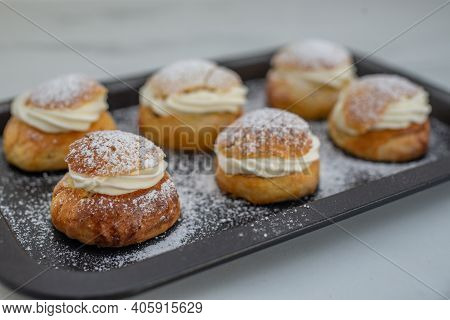 Traditional Home Made Swedish Semlor Pastry On A Table
