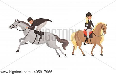 Equestrian Sport Set, Man And Woman Pacticing Horseback Riding Cartoon Style Vector Illustration