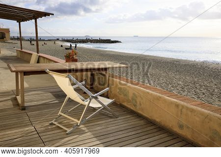 Varigotti (sv), Italy - December 30, 2017: A Sun Chair In Varigotti Beach, Italian Riviera, Savona, 