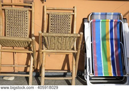 Varigotti (sv), Italy - December 30, 2017: A Sun Chair In Varigotti Beach, Italian Riviera, Savona, 