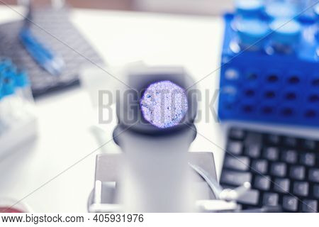 Close Up View Of Cells Through Microscope In Modern Medicine Laboratory. Micrograph Of Medical Scien