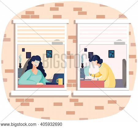 Office Teamwork Women Working Together, Communicating Colleagues. People Talking Sitting At Table Wi