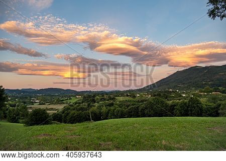 Amazing Colorful Lenticular Clouds Over Mountain In Countryside. Irun, Basque Country, Spain.