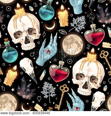 Seamless Magic Pattern With Supply For Witchcraft