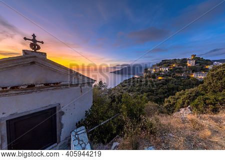 Mountain Village Of Nonza With Chapel And View Over The Mediteranean Sea On Cap Corse, Corsica, Fran