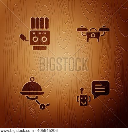 Set Bot, Mechanical Robot Hand, Waiter And Drone On Wooden Background. Vector