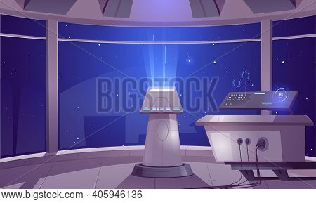 Spaceship Control Center, Captain Cabin Interior With Datacenter Hud Panel And Large Windows Cosmos 