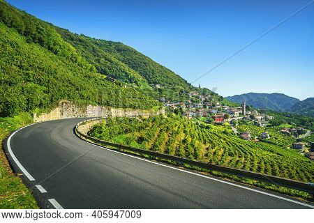 Road Of Prosecco Wine, Vineyards And Santo Stefano Village. Unesco Site. Valdobbiadene, Treviso, Ven