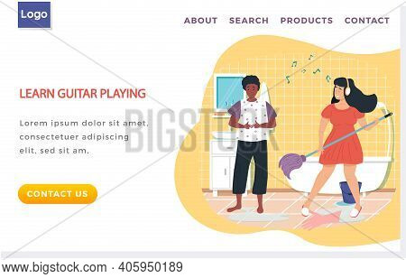 Girl With Headphones Sings Song And Washes Floor. Woman Plays Mop Like Guitar. Girlfriends In Bathro