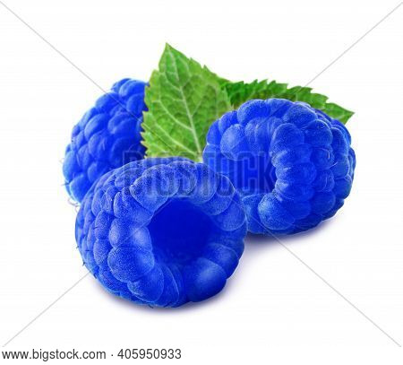 Fresh Blue Raspberries With Green Leaves On White Background