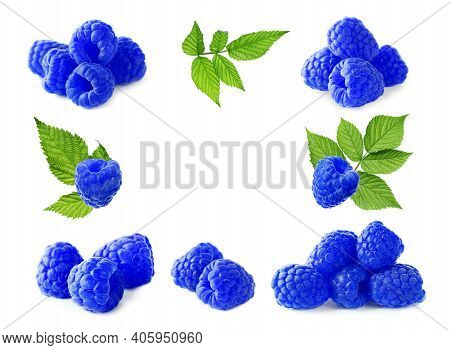 Set Of Fresh Blue Raspberries On White Background
