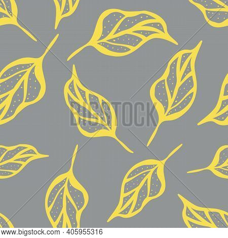 Lino Cut Style Leaf Seamless Vector Pattern Background. Botanical Vintage Illustration Style Hand Dr