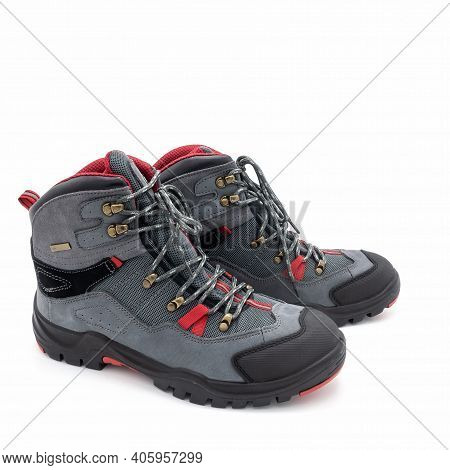Men's Trekking Boots, Side View. Made From Natural Gray Nubuck, Mesh Material. Red And Black Trim. G