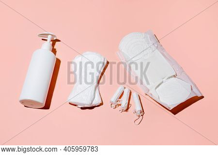 Girl, Women Intimate Hygiene Products Sanitary Pads, Daily Pads, Intimate Liquid Soap And Tampon On 