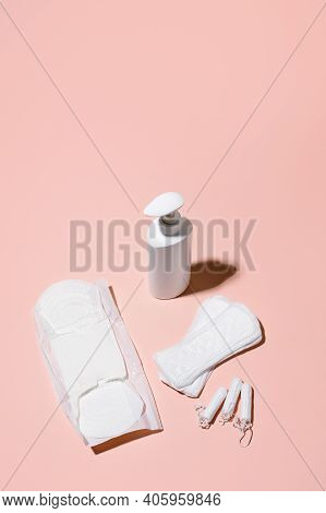 Girl, Women Intimate Hygiene Products Sanitary Pads, Daily Pads, Intimate Liquid Soap And Tampon On 
