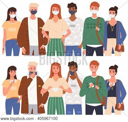Group Of People Wearing Medical Masks. Cartoon Characters Take Off Their Protective Masks And Smile 