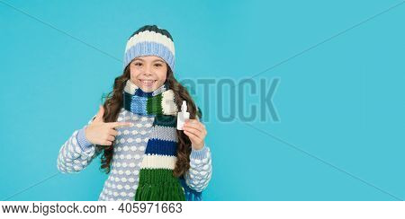 Teen Girl With Nasal Spray. No Addiction To Medicals. Copy Space. Kid In Warm Sweater Feel Cold. Kee