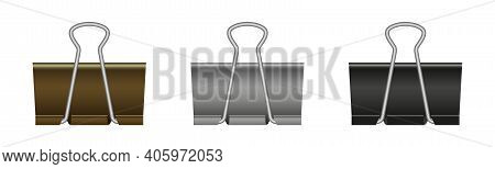 Paper Binder Clip. Black Metal Clamp For Office And School. Paperclips Isolated On White Background.