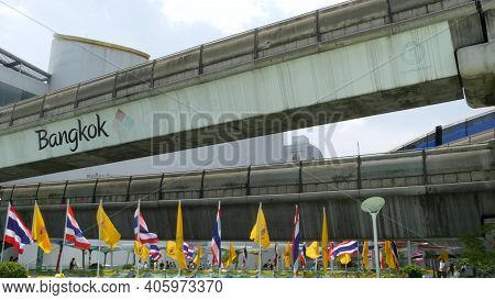 Bangkok, Thailand - 11 July, 2019: Pedestrians Walking On The Bridge Near Mbk And Siam Square Under 