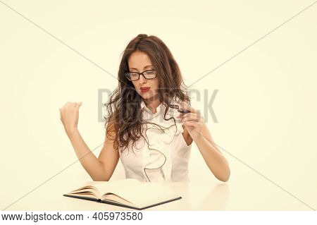 Sexy Secretary. Working With Passion. Woman Writing At Workdesk. Paper Work With Documents. Young Se