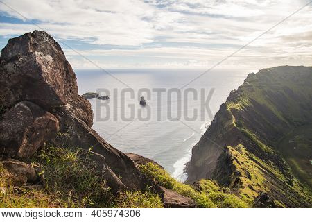 View From The Top Of The Ranu Kao Volcano Crater At Easter Island, Valparaiso, Chile