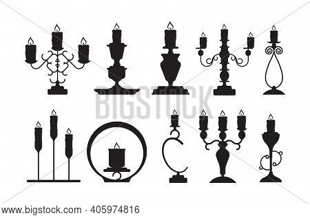 Candlestick Silhouettes. Black Shapes Of Candelabrum With Burning Flame Vector Candle Holders Set. C