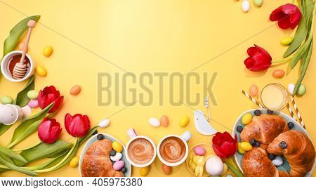 Spring Breakfast. Two Espresso Coffee In Bright Cups, Easter Chocolate Eggs, Pink Bunny Ears And Red