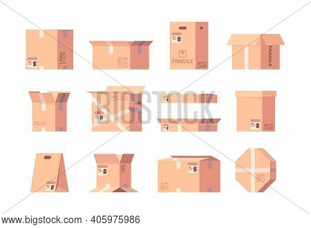 Delivery Boxes. Cardboard Containers Cargo Boxes In Flat Style Garish Vector Postal Symbols. Contain