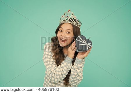 Lovely Present. Cute Smiling Little Girl With Gift Box. Kid Princess Crown. Happy Birthday. Birthday
