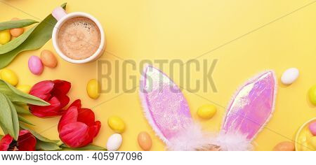 Spring. Breakfast, Espresso Coffee In Bright Cups, Easter Chocolate Eggs, Pink Bunny Ears And Red Tu