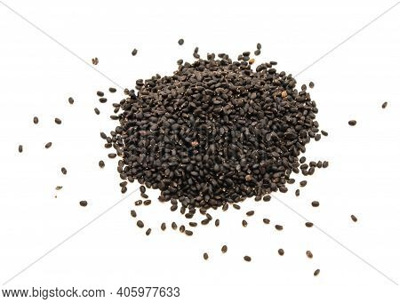 Basil Or Ocimum Basilicum Seeds Isolated On White Background With Copy Space