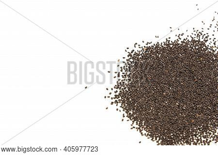 Many Basil Or Ocimum Basilicum Seeds Spreading On Isolated White Background