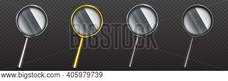 Magnifying Glass In Gold Or Silver Rim And Handle. Science Tool With Transparent Lens, Magnify Instr