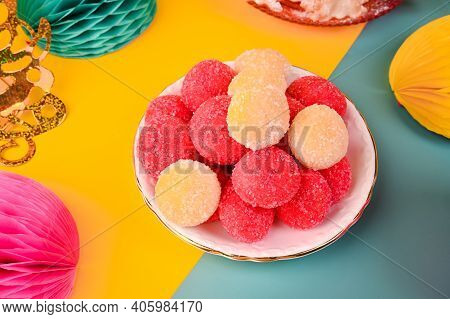 Colored Baked Castagnole With Sugar. Traditional Sweet Pastries During The Carnival Period In Italy.