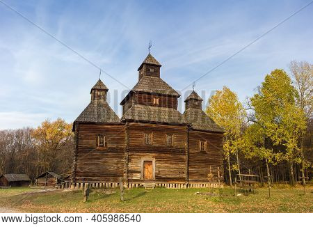 Old Wooden Church With Three Tent Shaped Domes, Built Of Pine Logs In The 18th Century, Side View, A