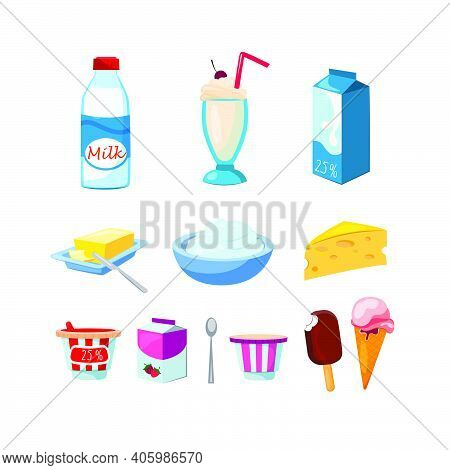 Diary Products Set. Pack, Bowls And Bottles With Mil Foods, Butter, Yogurt, Cheese, Ice Cream, Sour 
