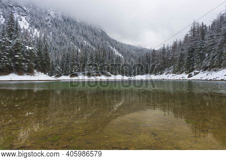 Amazing Winter Landscape With Snowy Mountains And Clear Waters Of Green Lake (gruner See), Famous To