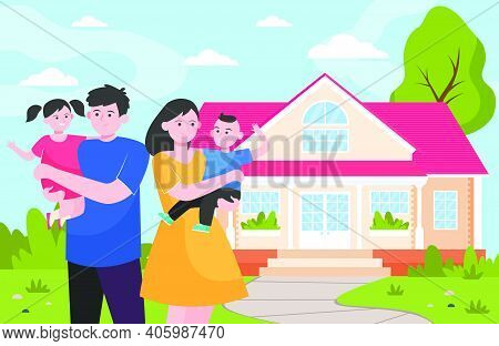 Happy Young Family Standing In Front Of House Flat Vector Illustration. Cartoon Mother, Father And K