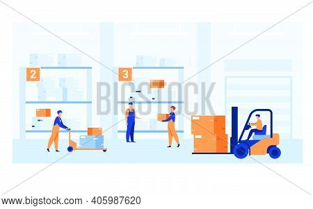 Logistic Workers Carrying Boxes With Loaders In Warehouse. Couriers Wheeling Carts With Cargo, Ridin