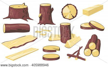Various Wood Logs And Trunks Flat Icon Set. Cartoon Wooden Materials, Lumber, Planks And Timber Isol